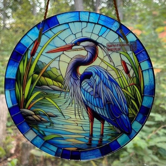 Suncatcher Blue Heron Bird Acrylic Window Decorative Faux Stained Glass New 6” - Picture 3 of 4